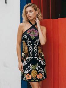 CAJUNI Tropical Vacation Rainbow Flowers Short Dress - Black - View 6