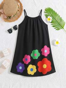 SHEIN Đầm hai dây dáng chữ A in hoa cho bé gái (cỡ nhỏ) - kiểu dáng thường ngày/dịp lễ. - màu đen - Xem 3