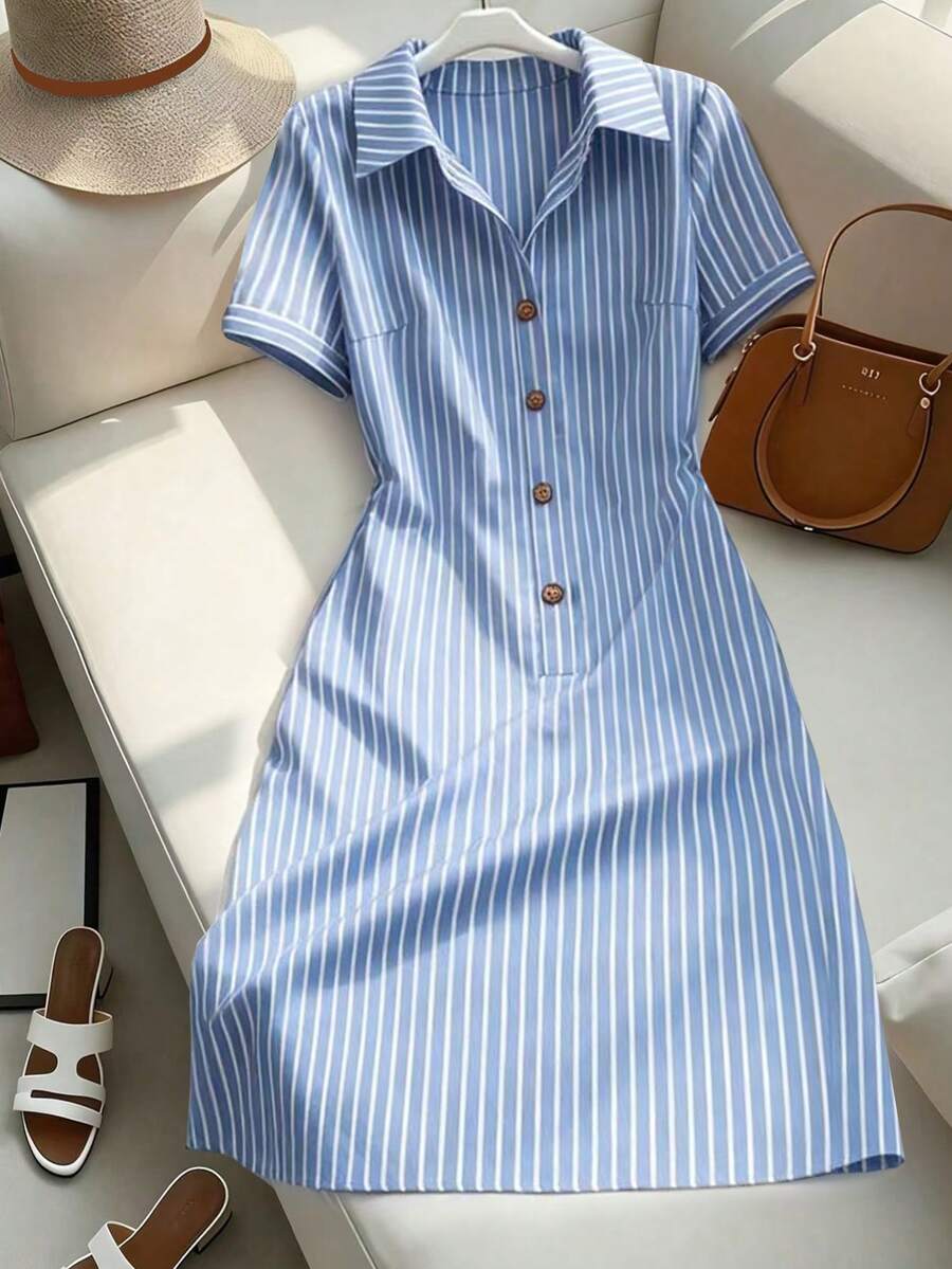 Franclia 女士条纹翻领短袖休闲连衣裙，夏季度假连衣裙 - 藍白色 - 查看 1