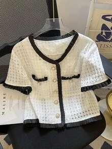 GlowEve Fashionable New Summer Elegant Short Sleeve Round Neck With Metal Button Decor, Ruffle Hem Contrast Color Splice Women Short Blouse - White - View 5