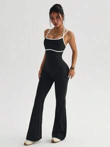SHEIN Sports 女款黑白拼接細肩帶露背喇叭褲連身褲，夏季性感健身瑜伽皮拉提斯運動收腹套裝 - 黑色 - 查看 5