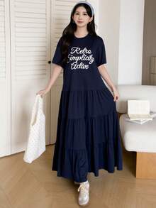 Gaun Kasual Lengan Pendek Berkerut dengan Motif Huruf dan Kerah Bulat untuk Remaja Perempuan - Navy Blue - View 4