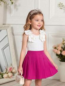 Elladie kids 2pcs/Set Young Girl' Casual Elegant Cute Sweet Pearl 3D Flower White Camisole + Pink Pleated Mini Skirt Outfit, Suitable For Travel, Vacation And Various Occasions, Summer Set - Multicolor - View 3