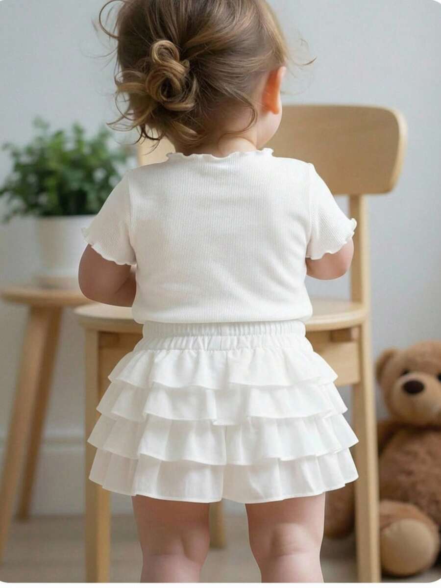 SHEIN Baby Girl Woven Solid Color Ruffle Hem Casual Skirt, Baby Girl Ruffle Shorts - White - View 1