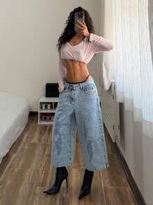 StreetHx Quần jeans ống rộng cạp thấp, dài đến 7/8, phong cách đường phố thường ngày, thời trang, rách nhẹ. - Rửa nhẹ - Xem 8