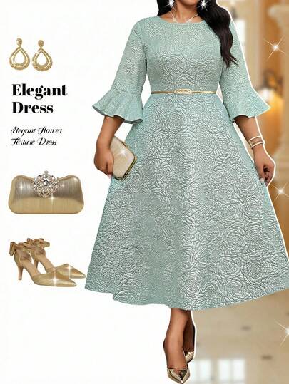 Fleurora 大码女式花卉提花圆领喇叭袖优雅连衣裙