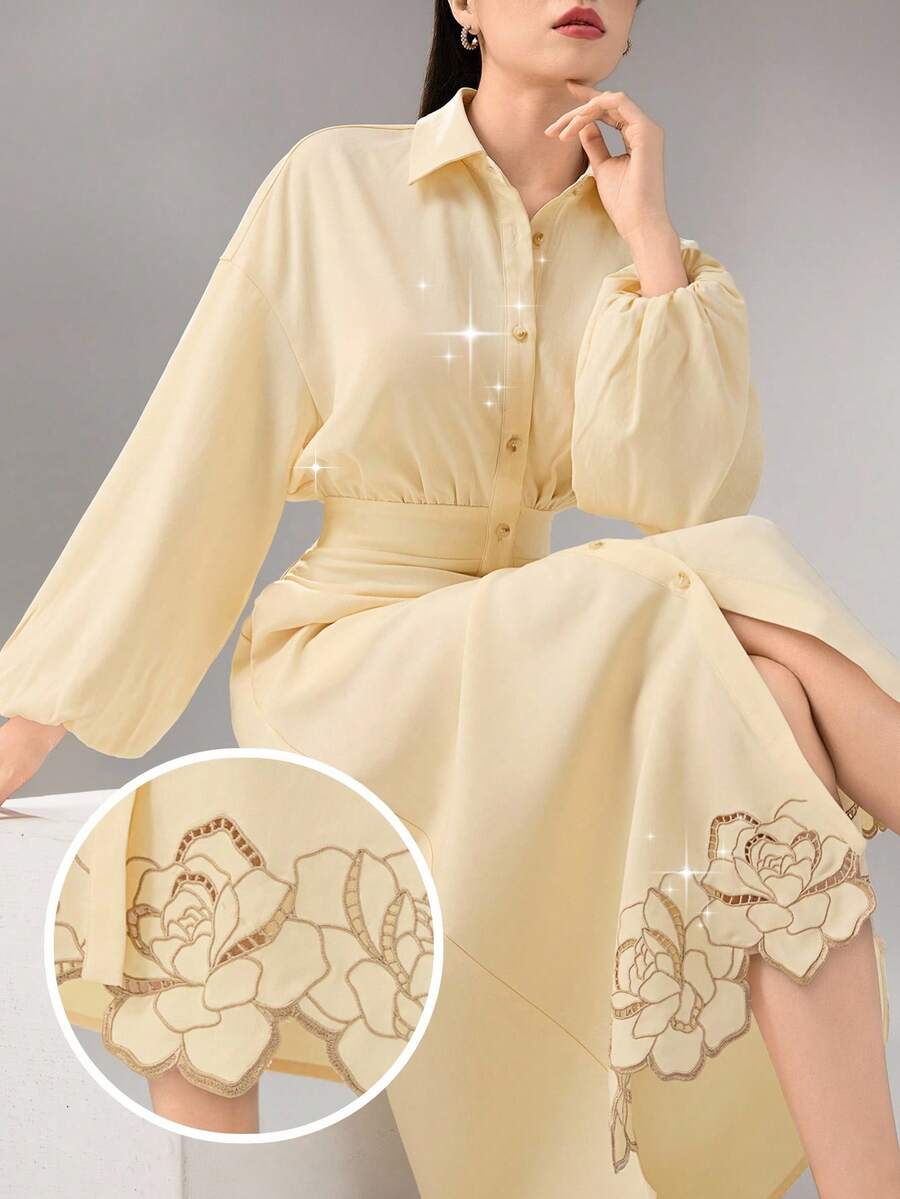 Heiryn Vestido midi elegante de mujer con bolsillo, manga farol y bordado floral - Amarillo - Ver 1