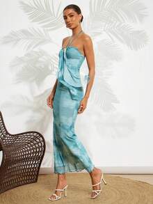 Amorya Light Blue And White,Summer,Casual,Vacation,Holiday Knitted Mesh Fabric Gradient Slim Fit Hanging Neck Metal Buckle Decoration Fish Tail Long Dress - Multicolor - View 10