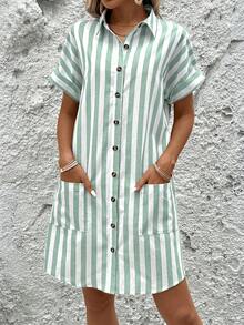Easowa Cotton Striped Shirt Dress For Women Button Down Summer Casual With Pocket Short Sleeve - Green - View 8