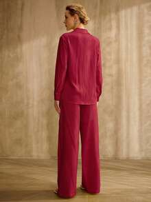 PREMIUM SOLID LONG SLEEVE SHIRT & STRAIGHT LEG PANTS SET WITHOUT BELT - Red - View 3