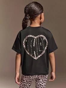 SHEIN Young Girls' Casual Leopard Print Sportswear Set,Baby Pink,Autumn Winter Relaxed-Fit Logo Tee And Flared High-Stretch Pants,Soft Active, Fall, Yoga - Black - View 3