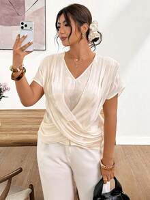 Lounesse Plus Size Women V-Neck Criss-Cross Twist Front Short Sleeve Blouse,Elegant Summer White Draped Top For Bachelorette Party,Tea Party Ivory Cream Top - Apricot - View 6