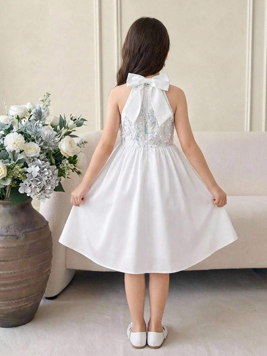 SHEIN Tween Girl Spring/Summer Elegant Glamorous 3D Embroidered Sequin Mesh Patchwork Big Bow Sleeveless Cinched Waist Princess Flare Dress Flower Girl Wedding Season Dress White Tween Girl - White - View 1