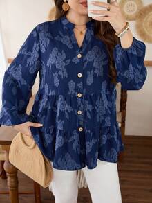 Lacomfia Casual Solid Color Jacquard Long Sleeve Loose Regular Fit Shirt, Plus Size, Spring/Autumn - Blue - View 4