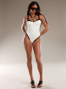 Normani Costum de baie dintr-o singură piesă pentru femei, nou-venit, bloc de culoare alb-negru, decolteu cu crăpături înalte, sexy și elegant, potrivit pentru înot, plajă, vacanță - Alb-negru - Vizualizare 4
