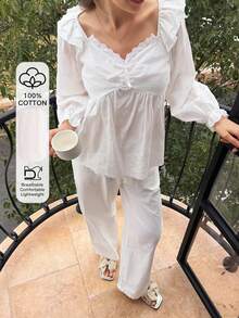 DAZY Conjunto de pijama de mujer con volantes bordados en blanco dulce - Blanco - Ver 4