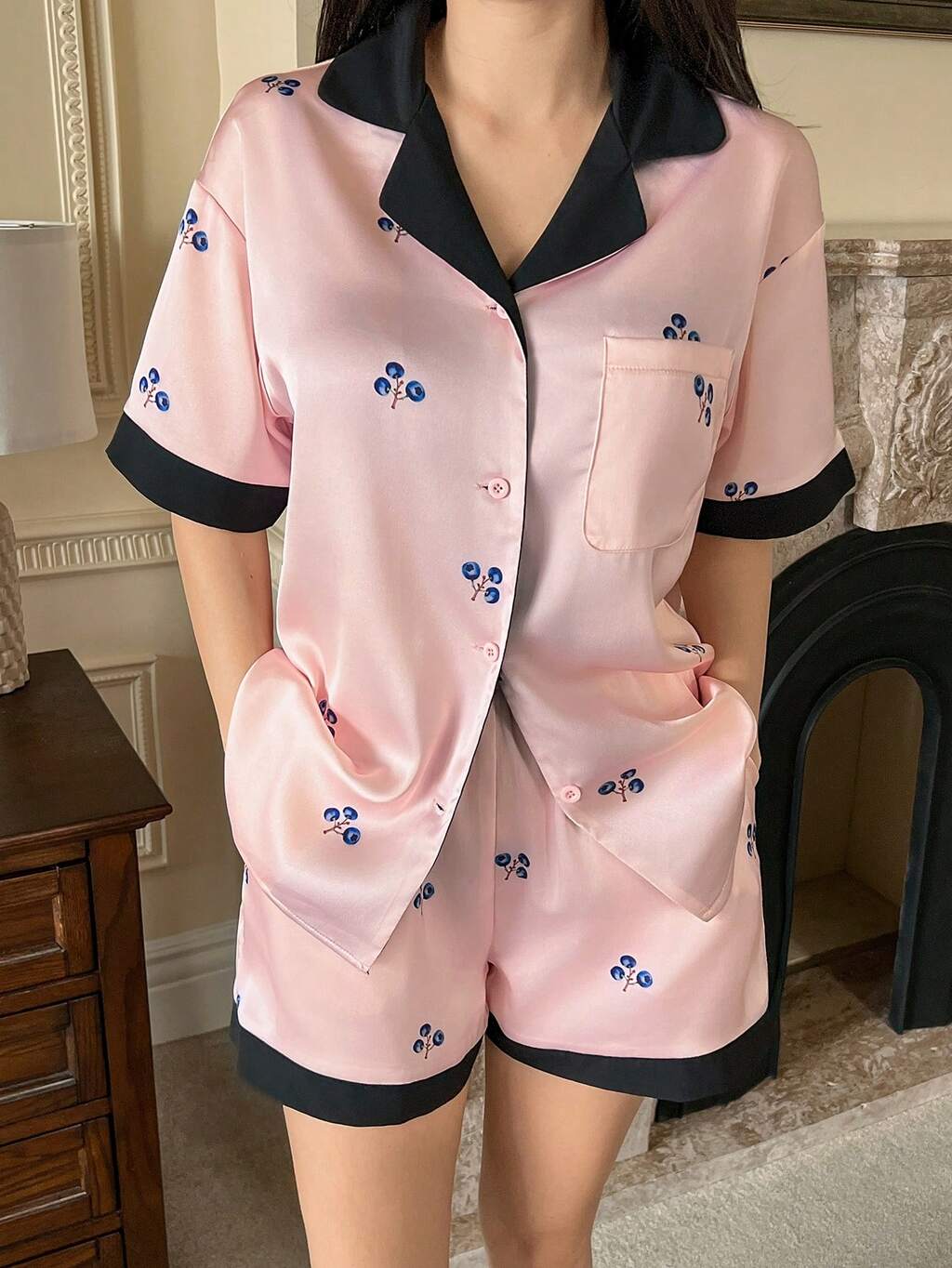 Women's Blueberry Print Satin Patchwork Pajama Set, Summer
