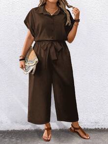 SHEIN LUNE CURVE Plus Size Printed Tie-Waist Short Sleeve Jumpsuit - Brown - View 4