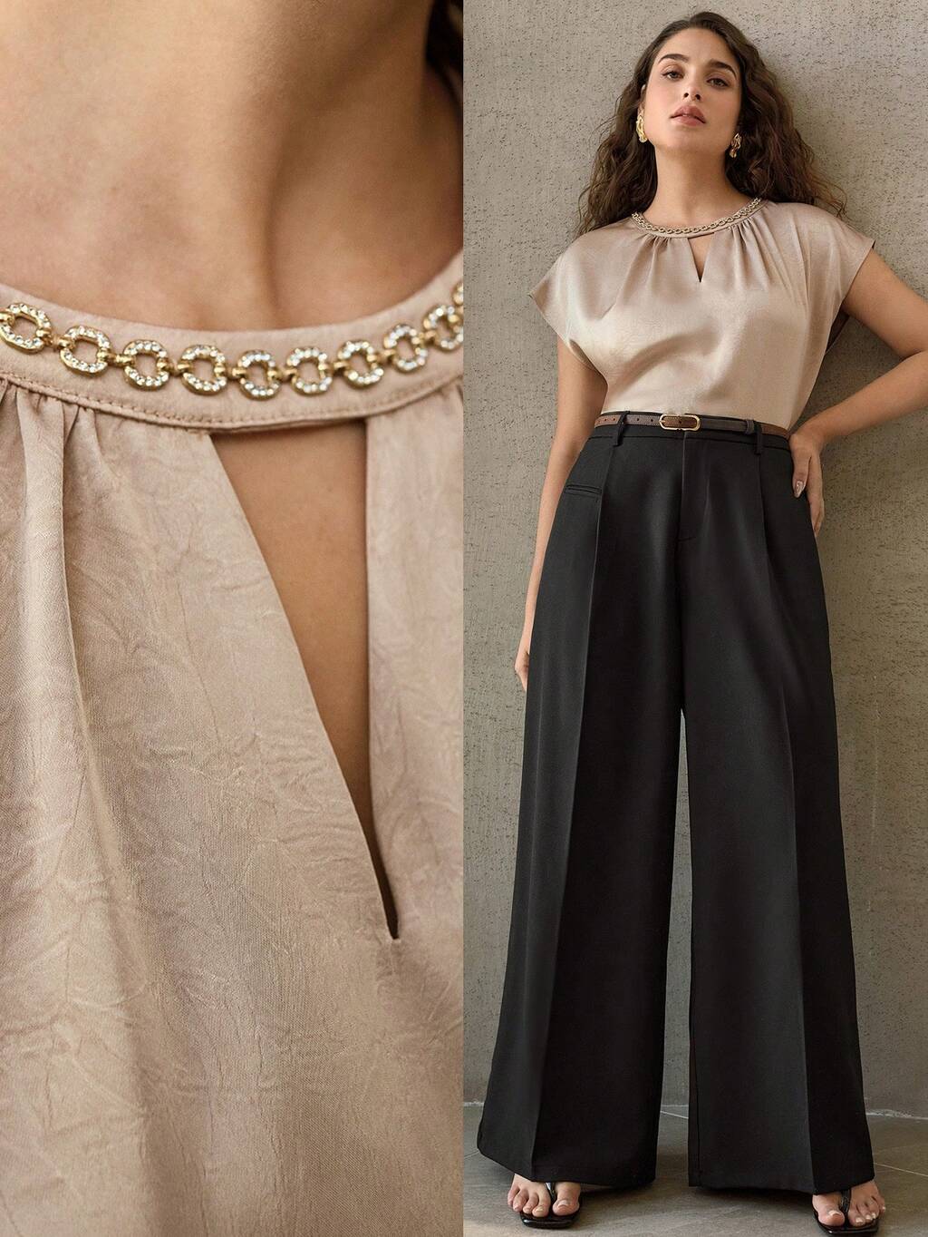 PLUS SIZE METALLIC CHAIN COLLAR SATIN SLEEVELESS BLOUSE, CHAMPAGNE COLOR