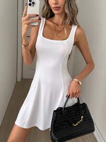 Easowa 女士纯色时尚简约迷你连衣裙，适合夏季派对和外出穿着 - 白色 - 查看 6