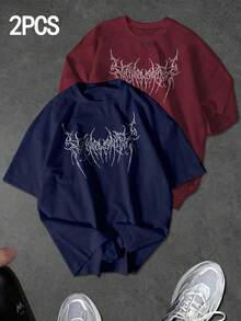 Sport MetroGents Camiseta deportiva de manga corta con cuello redondo y estampado gótico para hombres - Burdeos - Ver 1
