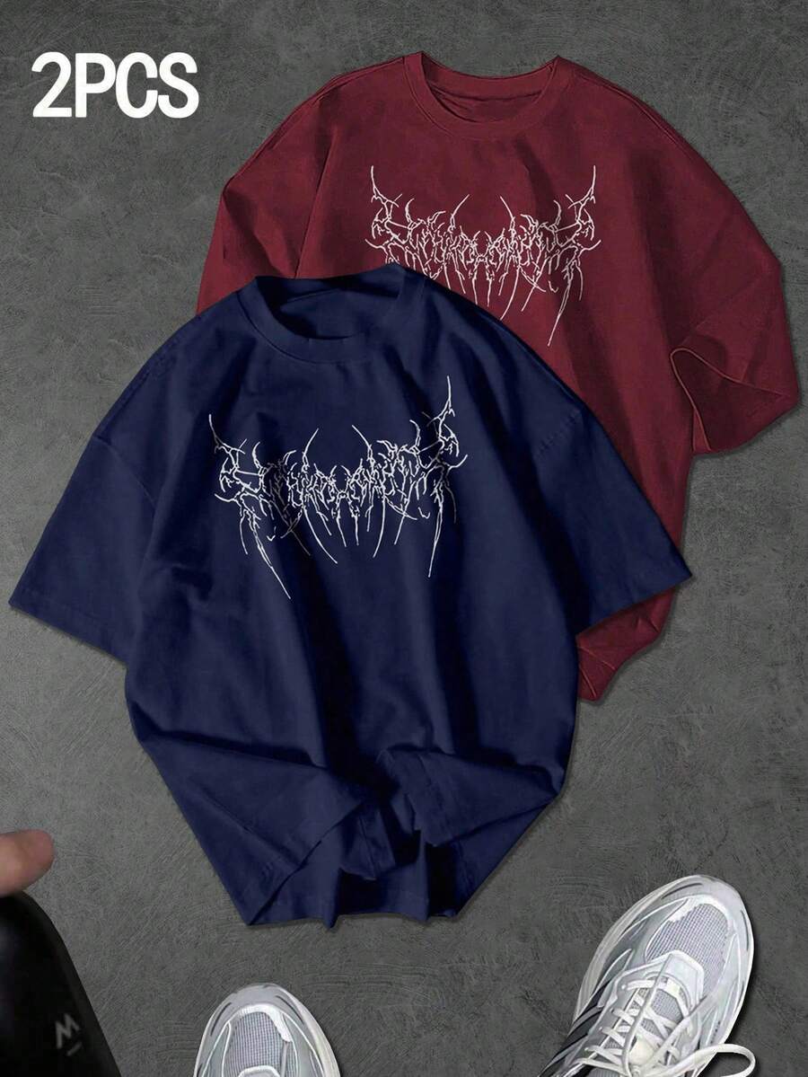 Sport MetroGents Camiseta deportiva de manga corta con cuello redondo y estampado gótico para hombres - Burdeos - Ver 1