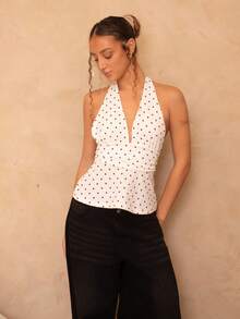 juhmazzocco Women's Halter Deep V-Neck Ruched A-Line Backless Polka Dot Camisole - White - View 4
