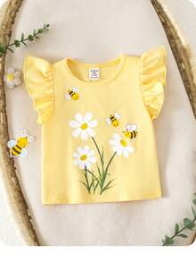 Babygirl Cute Floral Print Cap Sleeve Casual Top, Summer - Yellow - View 2