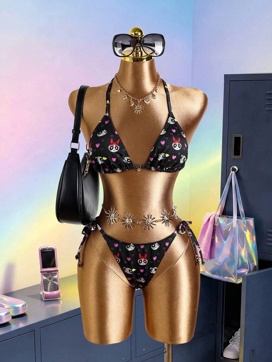 THE POWERPUFF GIRLS X SHEIN Conjunto de bikini de verano para mujer con estampado de dibujos animados, escote halter y lazos, traje de baño sexy - Negro - Ver 1