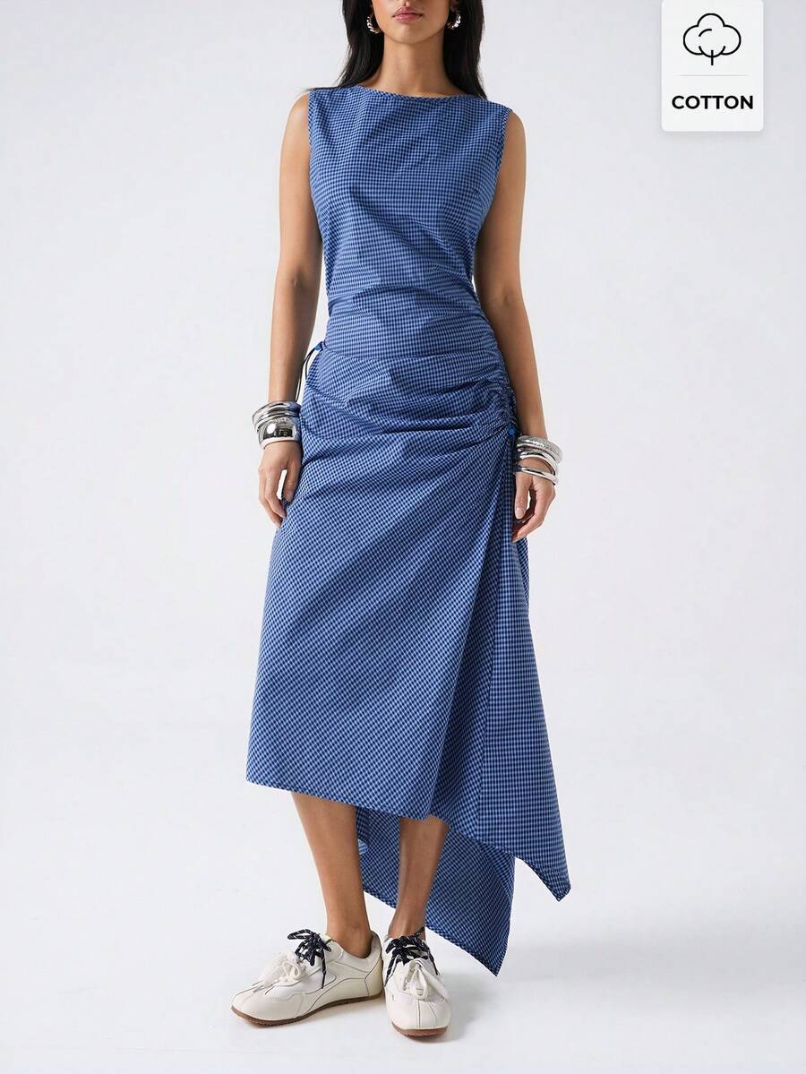 LYSMO 女士夏季休闲度假风印花抽绳褶皱腰部无袖连衣裙 - 彩色 - 查看 1