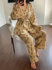 DAZY Bộ đồ ngủ nữ 2 món, chất liệu chiffon in họa tiết hoa văn, phối cúc trang trí, màu xuân. - Màu Khaki - Xem 6