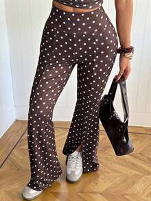 SHEIN EZwear Quần ống loe cạp cao chấm bi dành cho nữ, kiểu dáng thường ngày, đa năng, thích hợp đi làm. - Cà phê nâu - Xem 6