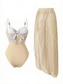 Swim Oasis Ensemble de maillot de bain élégant et minimaliste pour femme, en tissu texturé à motif ajouré et perles bicolores. Série 26SS, style plage, fête et villégiature, une pièce. - Beige - Voir 3
