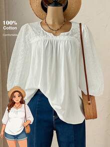 Rusticease Plus Size Women's Summer Boho White Blouse,100% Cotton Eyelet Embroidered Notched Collar Loose Fit Top,Casual Vacation Holiday Daily Wear - White - View 3