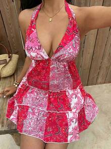 Sunnyshic Women's Casual Sexy Vacation Deep V-Neck Slip Dress Pink Beach Dress Ibiza Dress Pink Cover Up Swim Boho Two Piece Set Curve Beach Dress - Pink - View 6