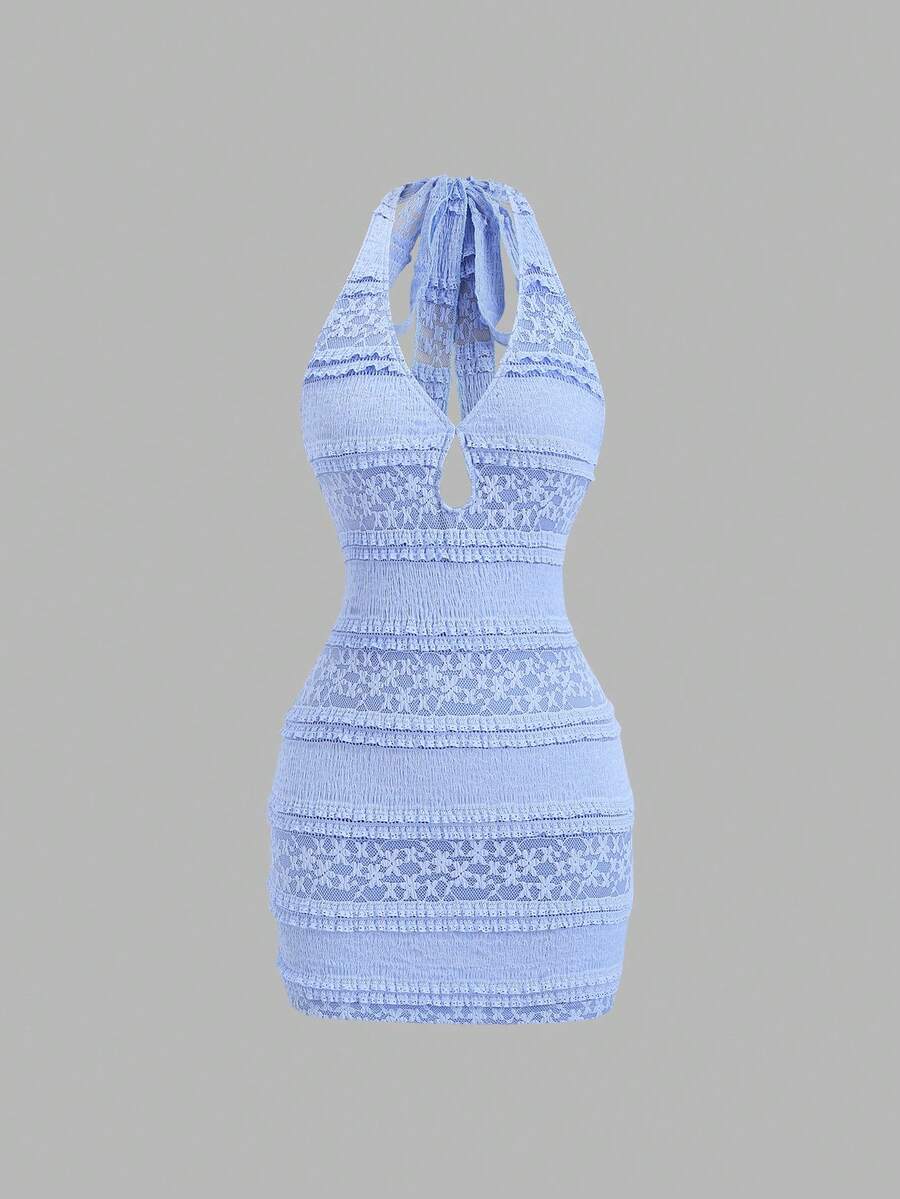 Sweetra Petite Women's Blue Lace Trim V-Neck Backless Waist Fitted Mini Dress, Vacation Style, Spring/Summer - Blue - View 1