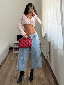 StreetHx Quần jeans ống rộng cạp thấp, dài đến 7/8, phong cách đường phố thường ngày, thời trang, rách nhẹ. - Rửa nhẹ - Xem 3