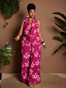 Maweii Plus Size Women's Fuchsia Floral Print 2 Pieces Set,Pink Summer Holiday Vacation Camisole Top&Elastic Waist Wide Leg Pants,Bohemian Resort Wear Holiday - Hot Pink - View 6