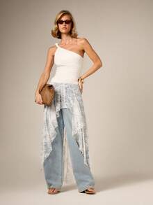 AiiRZ Falda larga asimétrica de encaje blanco con volantes, estilo bohemio y elegante, transparente, para cubrir sobre el traje de baño, ideal para el verano y festivales - Blanco - Ver 1