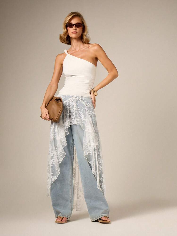 White Lace Asymmetric Ruffle Skirt