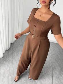 SHEIN Elenzya 大码女式纯色方领短袖纽扣设计阔腿休闲连体裤棕色连体裤女式连体裤 - 棕色 - 查看 6
