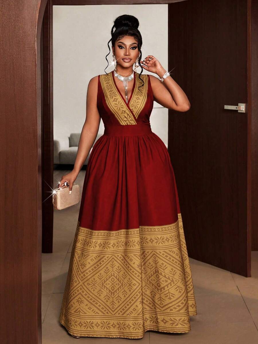 Maweii Plus Size Women V-Neck Ruched Waist Colorblock Elegant Party Dress - Red - View 1