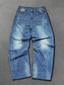 Manfinity EMRG Men's American Hip Hop Street Gothic Flame Design 3D Washed Barrel Leg Distressed Jeans - Medium Wash - View 3