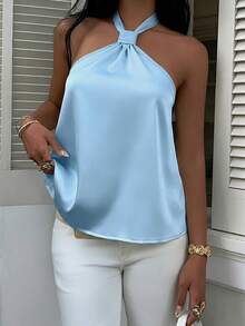 MainGRL Old Money Sleeveless Blue Satin Camisole, Regular Hem, Solid Color Design, Open Shoulder Top - Blue - View 5
