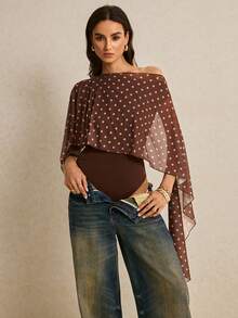 Poéselle 女士时尚通勤波点印花拼接连体衣 - 棕色 - 查看 9