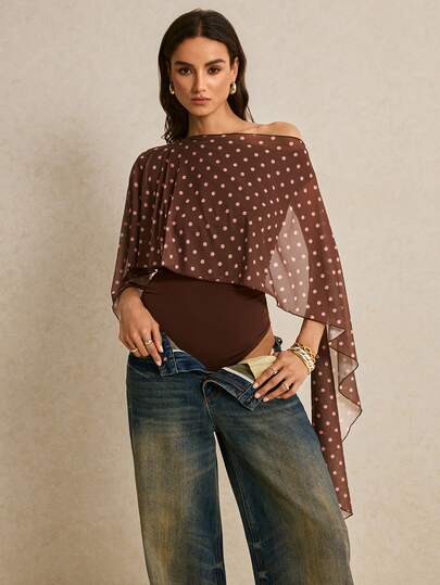 Poéselle Women's Fashion Commuter Polka Dot Print Patchwork Bodysuit,Women's One-Shoulder Shawl Bodysuit – A Bodysuit With Draped, Asymmetrical Chiffon Sleeves, Creating An Elegant Nightlife Look. One-Shoulder Shawl Sleeve Bodysuit, Draped Bodysuit, Women's Asymmetrical Evening Top, Brown Bodysuit, Fashionable Chiffon Shawl Bodysuit, Autumn/Winter Style. Asymmetrical Top, Poncho Top, Chocolate Brown Bodysuit,Elegant Bodysuit