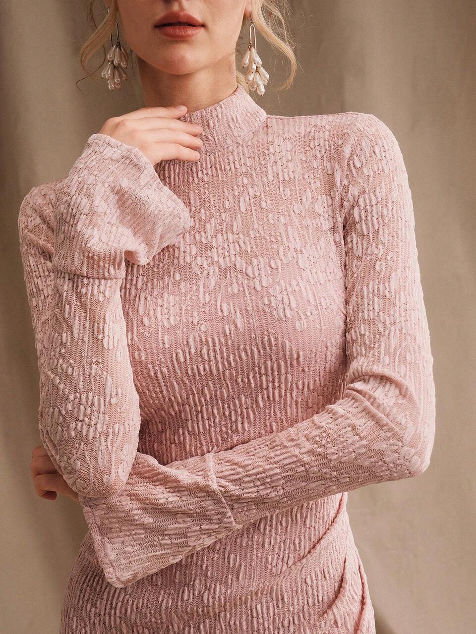 Anewsta Elegant Dusty Pink Autumn Party Dress For Women, Lace Textured Fabric Flare Sleeve Fitted Slim High Stretch Ankle Length Long Dress