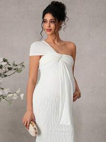 Momance 单肩系带孕妇连衣裙，修身提花针织连衣裙 - 白色 - 查看 5