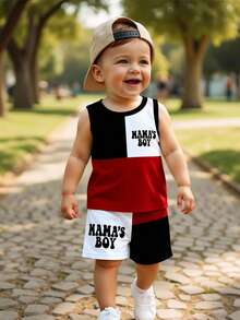 Souflis Souflis 2pcs Setelan Bayi Laki-laki Kasual Warna-warni Patchwork "MAMA'S BOY" dengan Cetakan Huruf Tank Top dan Celana Pendek Bermotif, Pakaian Musim Semi hingga Musim Panas - MultiWarna - View 3