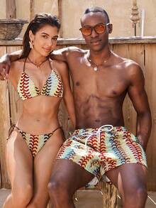 Manfinity VDAYZ Men's Summer Textured Drawstring Waist Beach Shorts - Multicolor - View 4